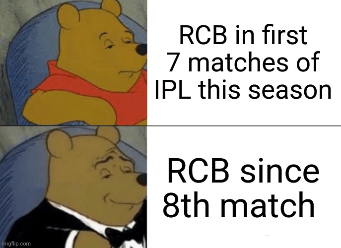 RCB | RCB in first 7 matches of IPL this season; RCB since 8th match | image tagged in memes,tuxedo winnie the pooh,funny memes,cricket,sports | made w/ Imgflip meme maker