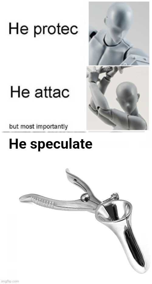 He speculate | image tagged in he protec he attac but most importantly,speculum,speculate,he protecc,look at all these,orifi | made w/ Imgflip meme maker
