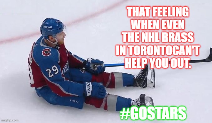 That Feeling | THAT FEELING WHEN EVEN THE NHL BRASS IN TORONTOCAN'T HELP YOU OUT. #GOSTARS | image tagged in dallas stars,avalanche,nhl,stanleycup | made w/ Imgflip meme maker