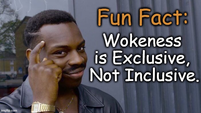 "Inclusive" of their woke ideology and woke identity ONLY... | Fun Fact:; Wokeness 
is Exclusive, 
Not Inclusive. | image tagged in politics,woke,identity,fun fact,the truth,diversity equity inclusion | made w/ Imgflip meme maker