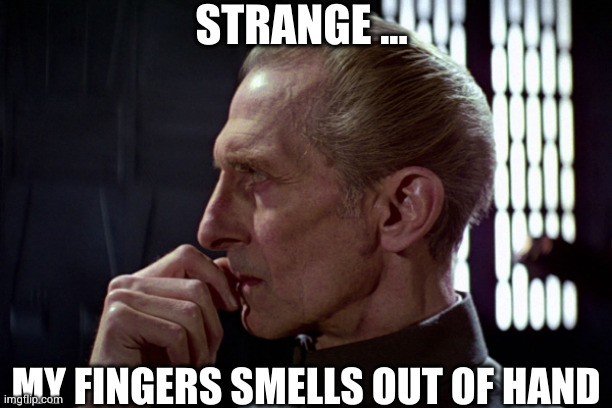 And it wasn't Axe | STRANGE ... MY FINGERS SMELLS OUT OF HAND | image tagged in tarkin,smells,fingers | made w/ Imgflip meme maker