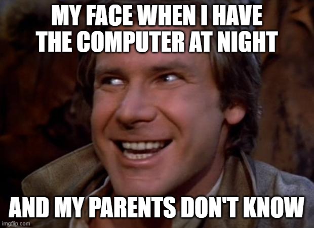 Han Solo Troll | MY FACE WHEN I HAVE THE COMPUTER AT NIGHT; AND MY PARENTS DON'T KNOW | image tagged in han solo troll | made w/ Imgflip meme maker