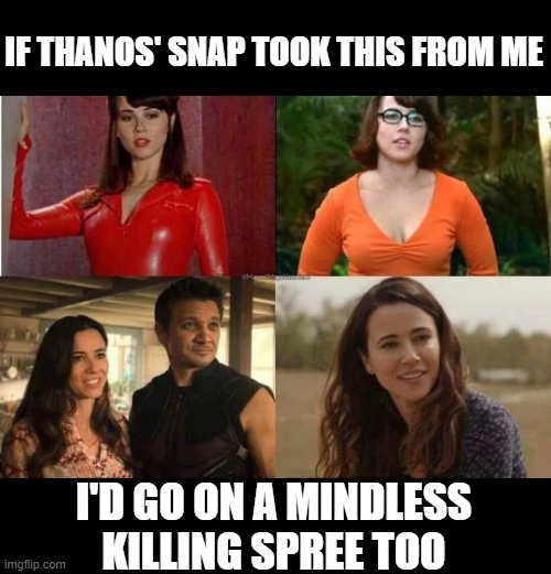 Mrs. Hawkeye is HAWT | IF THANOS' SNAP TOOK THIS FROM ME; I'D GO ON A MINDLESS KILLING SPREE TOO | image tagged in hawkeye | made w/ Imgflip meme maker