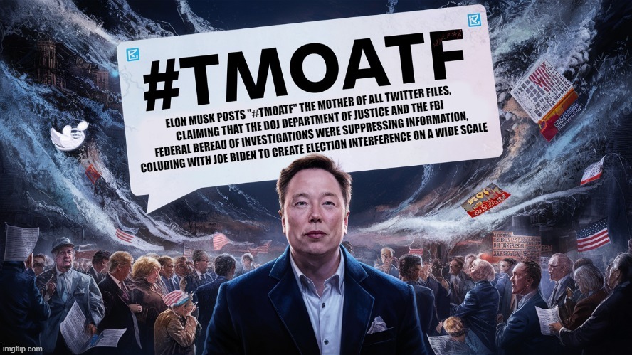 ELON MUSK POSTS "#TMOATF" THE MOTHER OF ALL TWITTER FILES, CLAIMING THAT THE DOJ DEPARTMENT OF JUSTICE AND THE FBI FEDERAL BER | image tagged in moatf,mother of all twitter files,elon musk,left exit 12 off ramp,twitter | made w/ Imgflip meme maker