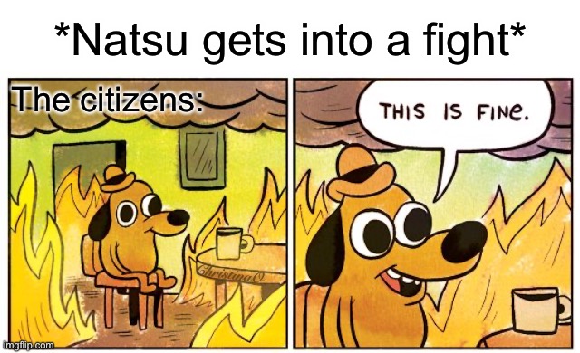 Natsu Dragneel Meme | *Natsu gets into a fight*; The citizens:; ChristinaO | image tagged in memes,this is fine,fairy tail,fairy tail meme,fairy tail memes,natsu dragneel | made w/ Imgflip meme maker