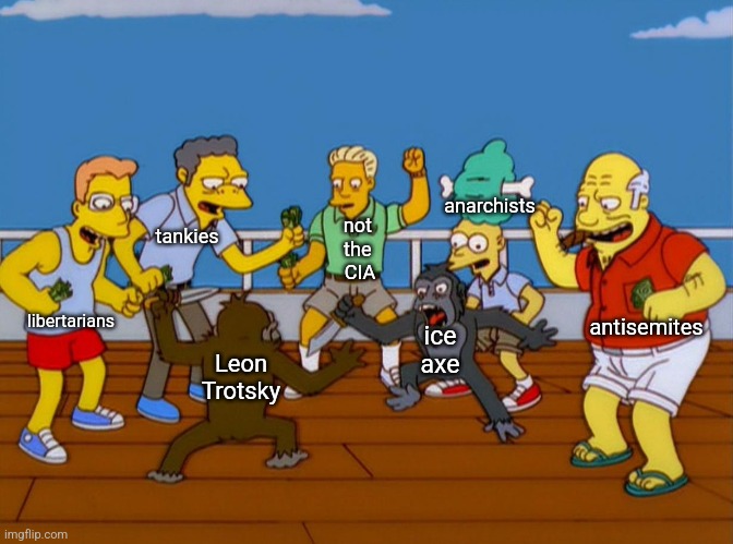 Monkey knife fight | anarchists; tankies; not 
the 
CIA; libertarians; antisemites; ice axe; Leon Trotsky | image tagged in monkey knife fight | made w/ Imgflip meme maker