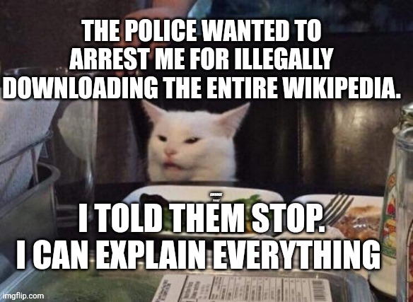 Smudge that darn cat | THE POLICE WANTED TO ARREST ME FOR ILLEGALLY DOWNLOADING THE ENTIRE WIKIPEDIA. I TOLD THEM STOP. I CAN EXPLAIN EVERYTHING | image tagged in smudge that darn cat | made w/ Imgflip meme maker