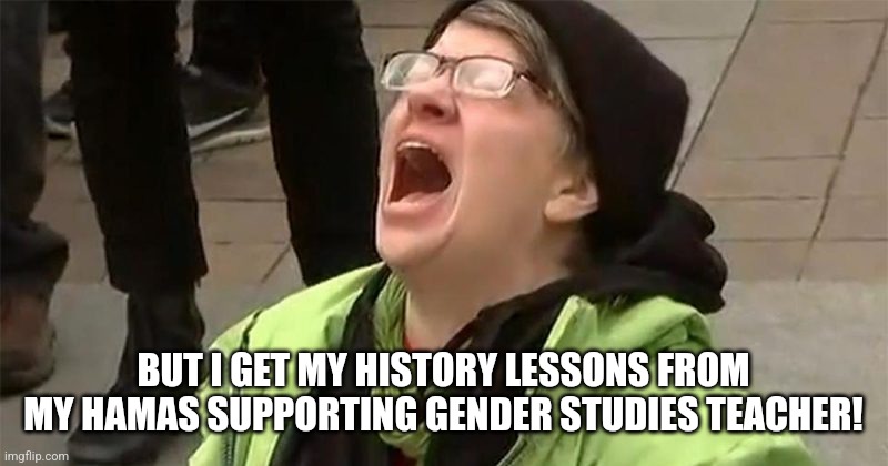 BUT I GET MY HISTORY LESSONS FROM MY HAMAS SUPPORTING GENDER STUDIES TEACHER! | image tagged in crying liberal | made w/ Imgflip meme maker