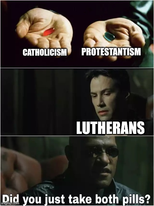 It's both-and! | PROTESTANTISM; CATHOLICISM; LUTHERANS | image tagged in did you just take both pills,catholicism,protestant,r/dankchristianmemes,christianity,relatable memes | made w/ Imgflip meme maker