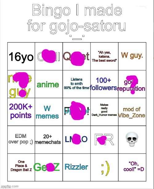 Gojo’s bingo (Reimagined by OwU) | image tagged in gojo s bingo reimagined by owu | made w/ Imgflip meme maker