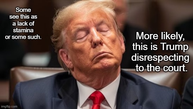 Trump Sleeping in Court | Some see this as a lack of stamina or some such. More likely, this is Trump disrespecting  to the court. | image tagged in trump sleep in court | made w/ Imgflip meme maker