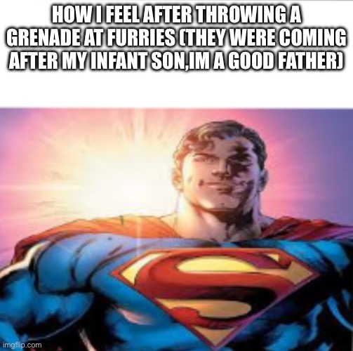 Superman starman meme | HOW I FEEL AFTER THROWING A GRENADE AT FURRIES (THEY WERE COMING AFTER MY INFANT SON,IM A GOOD FATHER) | image tagged in superman starman meme | made w/ Imgflip meme maker
