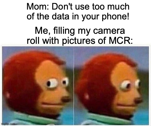 AAAAAAA | Mom: Don't use too much of the data in your phone! Me, filling my camera roll with pictures of MCR: | image tagged in memes,monkey puppet | made w/ Imgflip meme maker
