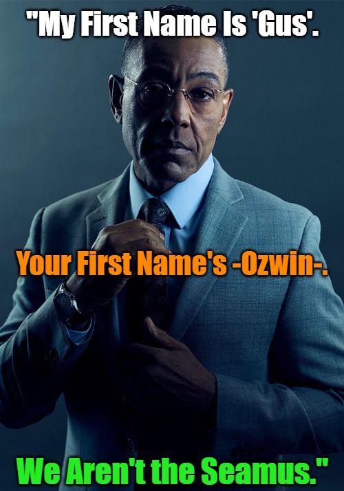 Hello, Our Names Are... | "My First Name Is 'Gus'. Your First Name's -Ozwin-. We Aren't the Seamus." | image tagged in gus fring we are not the same,memes,meet and greet,comparison,name tag,psa | made w/ Imgflip meme maker