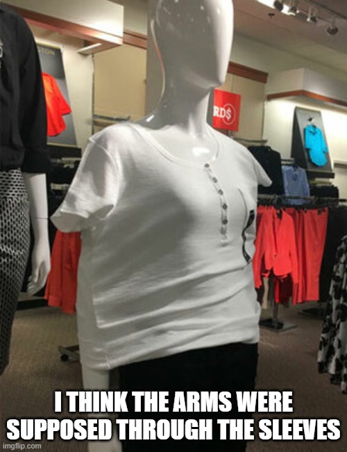 arms go in sleeves | I THINK THE ARMS WERE SUPPOSED THROUGH THE SLEEVES | image tagged in hello | made w/ Imgflip meme maker