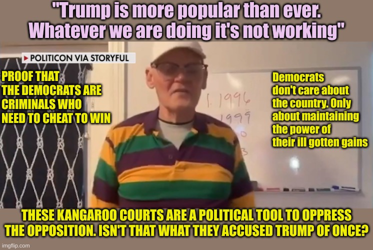 Always accuse your opponent of what you are guilty of yourself | "Trump is more popular than ever. Whatever we are doing it's not working"; PROOF THAT THE DEMOCRATS ARE CRIMINALS WHO NEED TO CHEAT TO WIN; Democrats don't care about the country. Only about maintaining the power of their ill gotten gains; THESE KANGAROO COURTS ARE A POLITICAL TOOL TO OPPRESS THE OPPOSITION. ISN'T THAT WHAT THEY ACCUSED TRUMP OF ONCE? | made w/ Imgflip meme maker