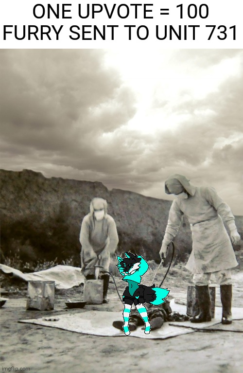 furrys should die in unit 731 | ONE UPVOTE = 100 FURRY SENT TO UNIT 731 | image tagged in anti furry,unit 731 | made w/ Imgflip meme maker