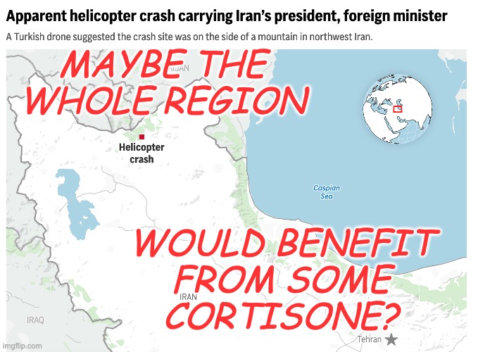 . . . and some family therapy, perhaps | MAYBE THE
WHOLE REGION; WOULD BENEFIT
FROM SOME
CORTISONE? | image tagged in politics,iran,middle east,problems | made w/ Imgflip meme maker