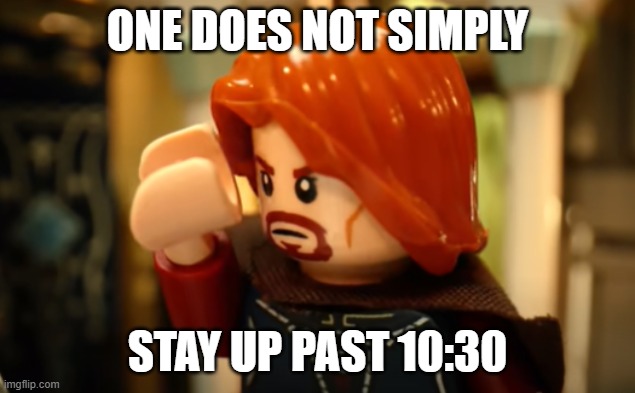 Goodnight chat | ONE DOES NOT SIMPLY; STAY UP PAST 10:30 | image tagged in one does not simply lego version | made w/ Imgflip meme maker