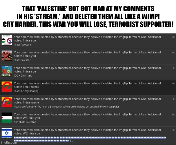 Idiot | THAT 'PALESTINE' BOT GOT MAD AT MY COMMENTS IN HIS 'STREAM,'  AND DELETED THEM ALL LIKE A WIMP! CRY HARDER, THIS WAR YOU WILL LOSE, TERRORIST SUPPORTER! | made w/ Imgflip meme maker