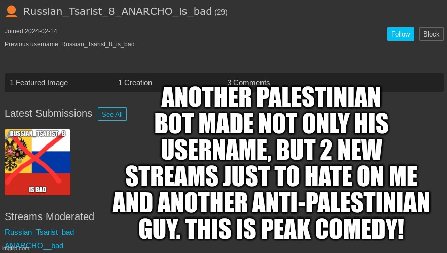 Another idiot | ANOTHER PALESTINIAN BOT MADE NOT ONLY HIS USERNAME, BUT 2 NEW STREAMS JUST TO HATE ON ME AND ANOTHER ANTI-PALESTINIAN GUY. THIS IS PEAK COMEDY! | made w/ Imgflip meme maker
