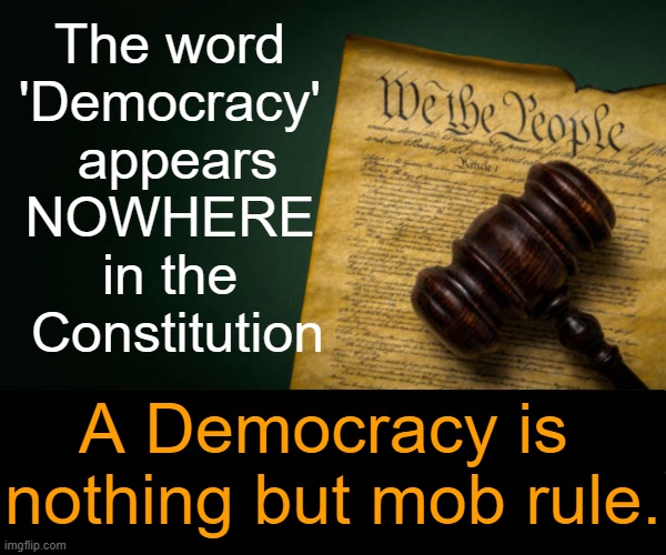A Republic, NOT A Democracy | The word 
'Democracy' 
appears
NOWHERE 
in the 
Constitution; A Democracy is 
nothing but mob rule. | image tagged in politics,the constitution,democracy,republic,liberals vs conservatives,truth | made w/ Imgflip meme maker