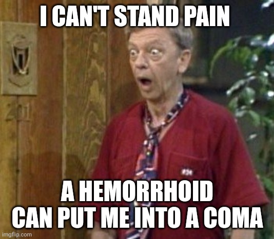 Can't stand pain | I CAN'T STAND PAIN; A HEMORRHOID CAN PUT ME INTO A COMA | image tagged in furley,funny memes | made w/ Imgflip meme maker