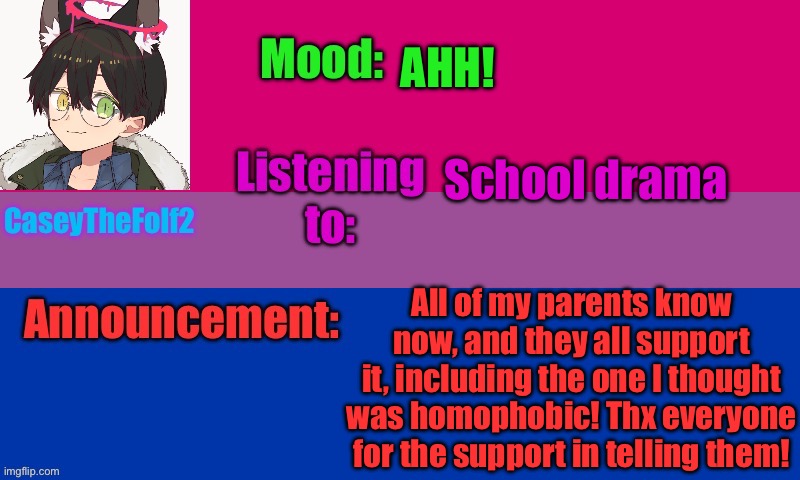 Yippee! | AHH! School drama; All of my parents know now, and they all support it, including the one I thought was homophobic! Thx everyone for the support in telling them! | image tagged in caseythefolf2 temp v2 | made w/ Imgflip meme maker