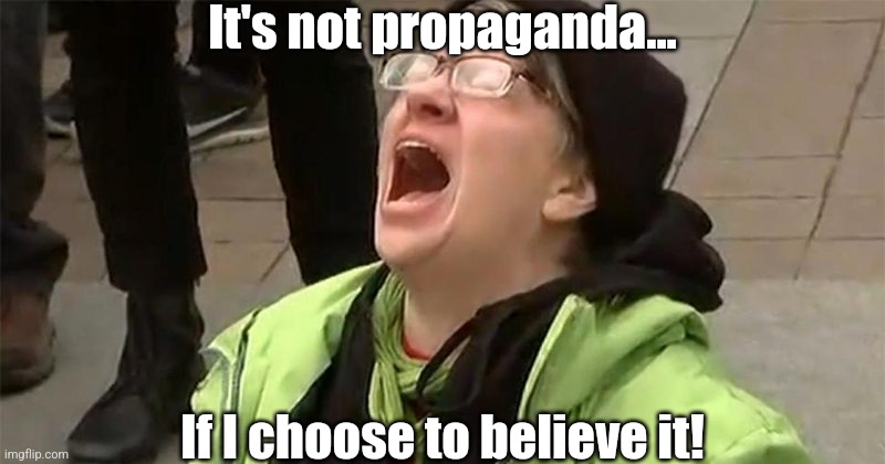 If there was ever a way to summarize  a progressive's train of thought..... | It's not propaganda... If I choose to believe it! | image tagged in crying liberal,propaganda,media lies,liberal hypocrisy,liberal logic,failure | made w/ Imgflip meme maker