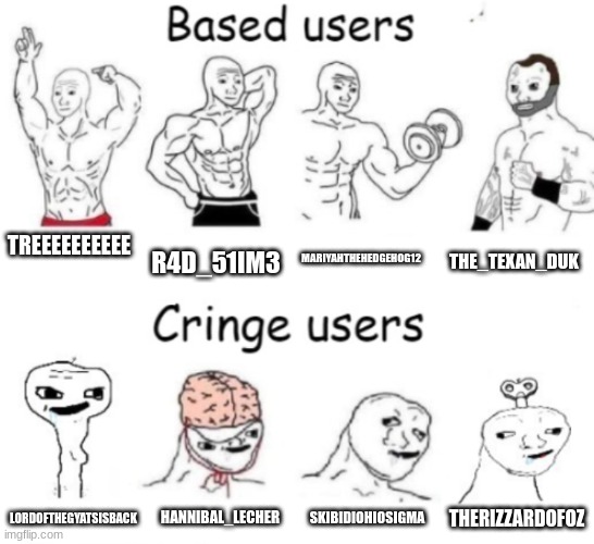 Based users v.s. cringe users | TREEEEEEEEEE; R4D_51IM3; MARIYAHTHEHEDGEHOG12; THE_TEXAN_DUK; SKIBIDIOHIOSIGMA; HANNIBAL_LECHER; THERIZZARDOFOZ; LORDOFTHEGYATSISBACK | image tagged in based users v s cringe users | made w/ Imgflip meme maker