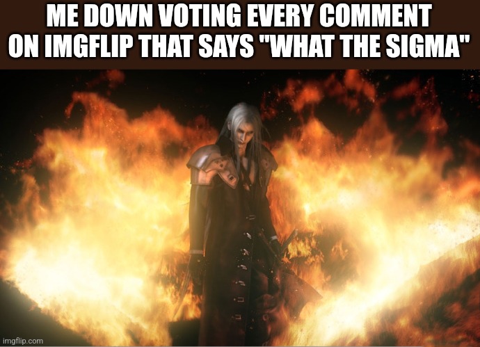 Sephiroth in Fire | ME DOWN VOTING EVERY COMMENT ON IMGFLIP THAT SAYS "WHAT THE SIGMA" | image tagged in sephiroth in fire | made w/ Imgflip meme maker