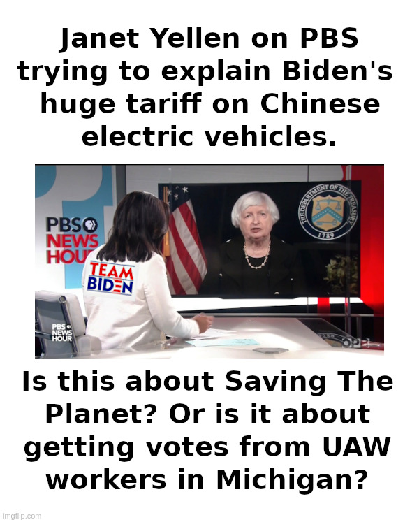Janet Yellen Explaining Biden EV Tariffs On PBS | image tagged in janet yellen,pbs,team,biden,tariffs,electric vehicles | made w/ Imgflip meme maker