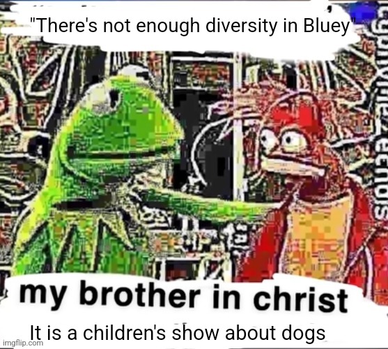 My brother in Christ | "There's not enough diversity in Bluey"; It is a children's show about dogs | image tagged in my brother in christ | made w/ Imgflip meme maker