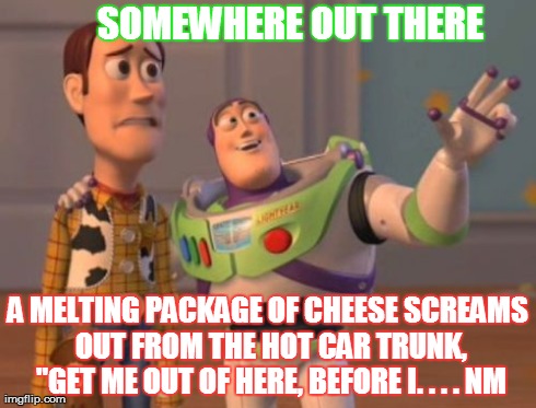Forgotten Cheese | SOMEWHERE OUT THERE A MELTING PACKAGE OF CHEESE SCREAMS OUT FROM THE HOT CAR TRUNK, "GET ME OUT OF HERE, BEFORE I. . . . NM | image tagged in memes,wasted groceries,melting,cheese,frustrated,x x everywhere | made w/ Imgflip meme maker