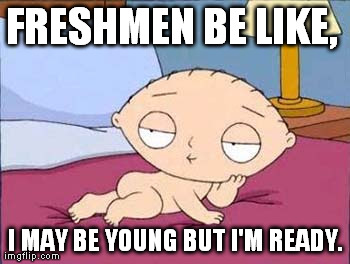 FRESHMEN BE LIKE,  I MAY BE YOUNG BUT I'M READY. | image tagged in funny,stewie griffin,memes | made w/ Imgflip meme maker