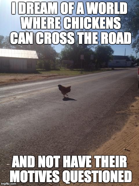 Why did the chicken... | I DREAM OF A WORLD WHERE CHICKENS CAN CROSS THE ROAD AND NOT HAVE THEIR MOTIVES QUESTIONED | image tagged in profane libertarian chicken,chicken,cross the road,motives | made w/ Imgflip meme maker