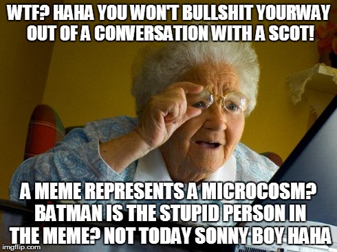 WTF? HAHA YOU WON'T BULLSHIT YOURWAY OUT OF A CONVERSATION WITH A SCOT! A MEME REPRESENTS A MICROCOSM? BATMAN IS THE STUPID PERSON IN THE ME | image tagged in memes,grandma finds the internet | made w/ Imgflip meme maker