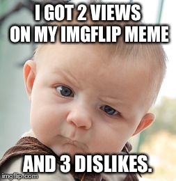 Skeptical Baby | I GOT 2 VIEWS ON MY IMGFLIP MEME AND 3 DISLIKES. | image tagged in memes,skeptical baby | made w/ Imgflip meme maker