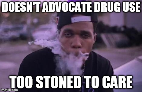 DOESN'T ADVOCATE DRUG USE TOO STONED TO CARE | image tagged in stoner | made w/ Imgflip meme maker
