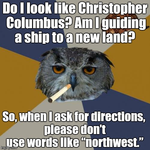 Art Student Owl | Do I look like Christopher Columbus? Am I guiding a ship to a new land? So, when I ask for directions, please donâ€™t use words like â€œnort | image tagged in memes,art student owl,scumbag | made w/ Imgflip meme maker