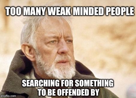 Obi Wan Kenobi | TOO MANY WEAK MINDED PEOPLE SEARCHING FOR SOMETHING TO BE OFFENDED BY | image tagged in memes,obi wan kenobi | made w/ Imgflip meme maker