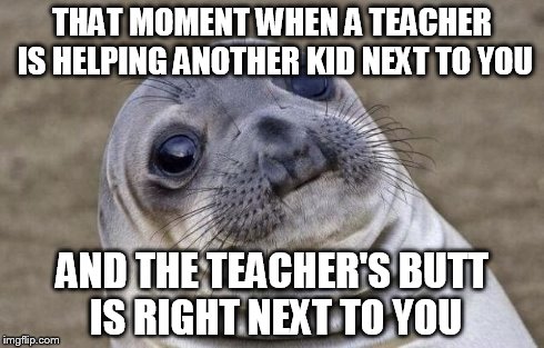 Awkward Moment Sealion | THAT MOMENT WHEN A TEACHER IS HELPING ANOTHER KID NEXT TO YOU AND THE TEACHER'S BUTT IS RIGHT NEXT TO YOU | image tagged in memes,awkward moment sealion | made w/ Imgflip meme maker