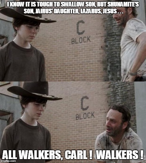 Rick and Carl Meme | I KNOW IT IS TOUGH TO SWALLOW SON, BUT SHUNAMITE'S SON, JAIRUS' DAUGHTER, LAZARUS, JESUS . . . ALL WALKERS, CARL !  WALKERS ! | image tagged in memes,rick and carl | made w/ Imgflip meme maker