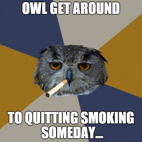 Art Student Owl | OWL GET AROUND TO QUITTING SMOKING SOMEDAY... | image tagged in memes,art student owl | made w/ Imgflip meme maker