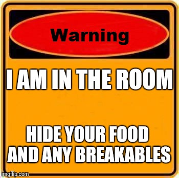 Warning Sign | I AM IN THE ROOM HIDE YOUR FOOD AND ANY BREAKABLES | image tagged in memes,warning sign | made w/ Imgflip meme maker