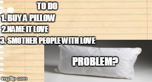My to do list | TO DO 1. BUY A PILLOW 2.NAME IT LOVE 3. SMOTHER PEOPLE WITH LOVE PROBLEM? | image tagged in pillow,problem,funny,too funny,c4552z,to do list | made w/ Imgflip meme maker