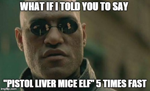 Matrix Morpheus Meme | WHAT IF I TOLD YOU TO SAY "PISTOL LIVER MICE ELF" 5 TIMES FAST | image tagged in memes,matrix morpheus | made w/ Imgflip meme maker