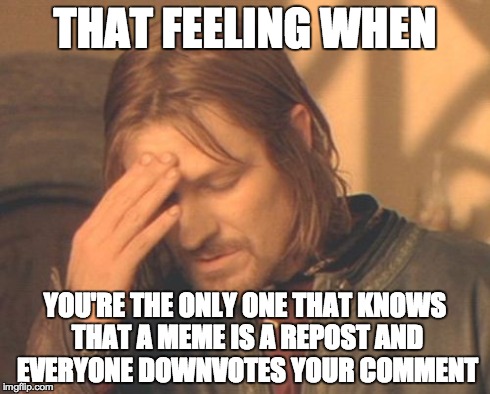 Srsly | THAT FEELING WHEN YOU'RE THE ONLY ONE THAT KNOWS THAT A MEME IS A REPOST AND EVERYONE DOWNVOTES YOUR COMMENT | image tagged in memes,frustrated boromir,mrw,funny,one does not simply,repost | made w/ Imgflip meme maker
