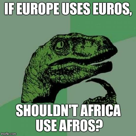 Philosoraptor | IF EUROPE USES EUROS, SHOULDN'T AFRICA USE AFROS? | image tagged in memes,philosoraptor | made w/ Imgflip meme maker