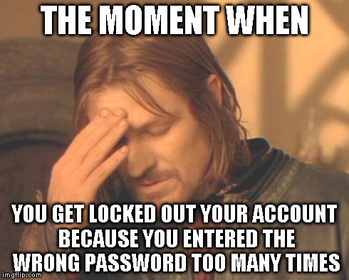 Frustrated Boromir Meme | THE MOMENT WHEN YOU GET LOCKED OUT YOUR ACCOUNT BECAUSE YOU ENTERED THE WRONG PASSWORD TOO MANY TIMES | image tagged in memes,frustrated boromir | made w/ Imgflip meme maker